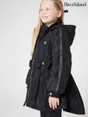 River Island Black Girls Clinched Frill Raincoat (F34291) | $88