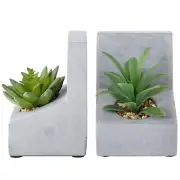 Heavy Duty L-Shaped Decorative Bookends w/ Planted Artificial Succulent Plants
