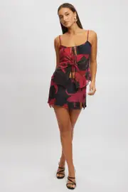 Red Floral Mini Skirt Mid Rise Slit Mesh - Size 16XL, Women's Mini Skirt