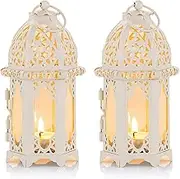 2 Pcs Moroccan Style Candle Lantern - Small Sized Tealight Candle Holder with Transparent Glass Panels Great for Patio, Indoors/Outdoors, Events, Parties and Weddings, White