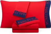 NEW NAUTICA KIDS COLORBLOCK RED+NAVY BLUE CUFF BED SHEET SET 100% POLYESTER