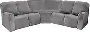 LightInTheBox 7-Piece Velvet Stretch Reclining Couch Covers 5 Seats Corner Sofa Cover L Shape Sectional Recliner Sofa Covers for Sofa Anti Slip Furniture Protector Thick Soft Washable (Gray)