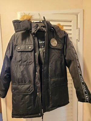 DKNY Faux Fur Hooded Boys Jacket Size 10/12 NWT