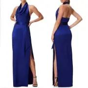 Aidan by Aidan Mattox NWT Cowl Neck Halter Slit Column Royal Blue Satin Gown