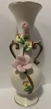 Vintage 7” Ucagco Porcelain Vase Hand Painted Pink Roses & Gilt Handles