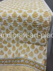 Unique Indian Hand Block Print Quilt With Kantha King Size Bedspread Yellow King
