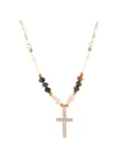 Beaded Cross Pendant Necklace With Faceted Stones And Gold Chain - Ivory
