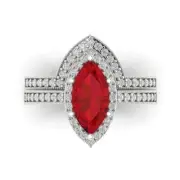 2.1 Marquise Round Cut Halo Tourmaline Statement Ring bridal Set 14k White Gold