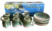 Round Stoneware 6 Coffee Cup & Saucer Sets Green *R