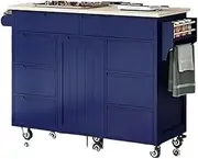 Trolley on Wheels Kitchen Island On Wheels with 8 Drawers and 1 Door Cabinet, Wood Rolling Trolley Cart，Black Trolley(Dark Blue)