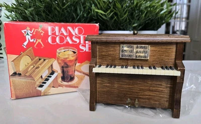Vintage Wooden Piano Coaster Holder & 4.5" Square 6 Piece Cork Coaster Set Of 6