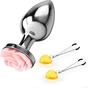 Metal Bullet Butt Plug with Flower-Shaped Base Butt Plug for Women Adjustable Nipple Clamp Set Sex Toy