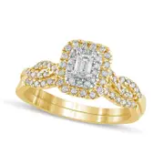 0.50 CT. T.W. Emerald-Cut Natural Diamond Double Frame Multi-Row Bridal Engagement Ring Set in Solid 10K Yellow Gold