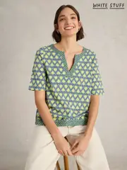 White Stuff Blue Weaver Notch Neck Cotton Top (W22658) | $104