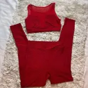 Red Textured Mesh Legging & Sport Bra Set Bold Activewear Size Large