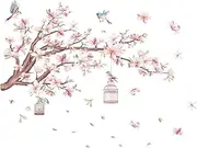 Cherry Blossom Flowers Wall Decals Decor Vinyl Stickers, Magnolia Floral Tree Branch Birds Wall Art Murals, Flower Pattern Wall Stickers for Girls Bedroom Living Room Nursery Decor