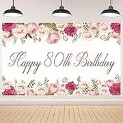 Vlipoeasn Elegant White Happy 80th Birthday Decorations for Women Rose Gold Flower Peony Photography Backdrop for 80th Birthday Party Surprise for Mother Cheers to 80 Years Old Birthday Party Supplies