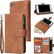 UEEBAI Wallet Case for iPhone SE 2022 5G/iPhone 7/iPhone 8/iPhone SE 2020, Premium PU Leather Magnetic Closure Handbag Zipper Pocket Case Card Slots Wrist Strap Flip Case for iPhone SE3/SE2 -Brown