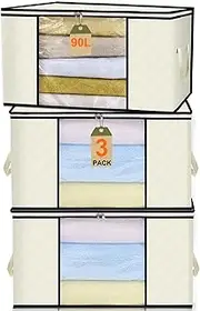 VERONLY 90L Large Storage Bags, 3 Pack Fabric Clothes storage boxes with Durable Handle, Clear Window, Foldable Storage Containers for Clothing, Bedding, Comforters, Blanket and Toys (Beige)