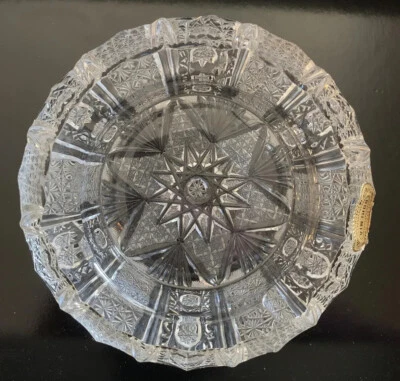 BOHEMIAN CZECH CUT CRYSTAL ASHTRAY, 5 1/2” DIA, STAR AND LACE PATTERN