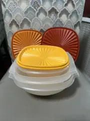 NOS Vtg Tupperware 3 Servalier Clear Nesting Bowls + Harvest Lids 836 838 840