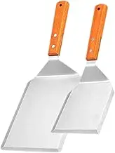 FELTECHELECTR 2pcs Wooden Handle Cooking Spatula Heat Resistant Stainless Steel Frying Shovel for Pancakes Steaks Teppanyaki for Home and Restaurant Use