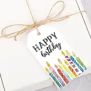 Whaline 100Pcs Happy Birthday Paper Gift Tags with Hemp Rope Watercolor Candles Favor Tags Rainbow Birthday Hanging Labels for Birthday Baby Shower Party Supplies