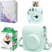Starter Kit For Fuji Instax Mini 12 Mint Green Includes Mini Instant Film 20 Photos, Solid Colour Protective PU Leather Case for Instax Mini 12 & 64 Pockets 3 Inch Mini Photo Book Album