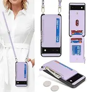 [Cavor] for Google Pixel 6 Case Wallet,Phone Case for Pixel 6 Crossbody Case with Strap,Pixel 6 Wallet Case for Women,Leather Zipper Pocket Card Holder Case-Purple