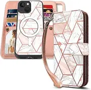 CASEOWL iPhone 14 Plus Wallet Case, Compatible with Magsafe Charger, Magnetic Detachable Folio Leather iPhone 14 Plus Case Wallet with 9 Card Slots[RFID Blocking], Hand Strap for Women-Marble Pink