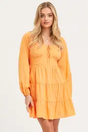 Ally Fashion Orange Fit And Flare Dress Long Sleeve Square Neck - Size 14, Women's Skater Dress