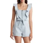 Tinseltown Zip Ruffle Romper Juniors Large Belted Light Wash Denim NEW.A55
