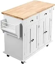 Storage Rack Kitchen Island Cart Top 35.4 in. W Mobile Carts with Storage Cabinet Rolling Kitchen Carts White Trolley on Wheels