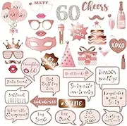 60th Birthday Party Photo Booth Props and Signs, Rose Gold 60 Birthday Party Selfie Props Kit with Sticks for Girls Women, Sixty 60th Happy Birthday Party Decorations Supplies Favors