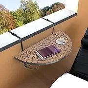 Hanging Balcony Table Terracotta Mosaic Top, Outdoor Folding Tables for Small Patio, Bar Height Round Table, Foldable and Portable for Dining