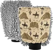 Washing Mitts Car Wash Vintage Western Cowboy Brown Mitts Car Cleaning Tools Scrub Pad Scratch Free Soft Absorbent Microfiber Chenille, Large x 2 Pack