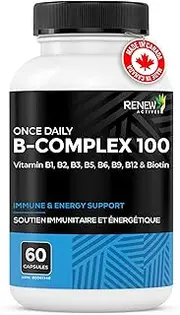 RENEW ACTIVES Vitamin B Complex 100 – Daily B1, B2, B3, B5, B6 & B12 600MCG per Serving for Energy, Red Blood Cell Formation, Liver Function & Metabolism – Made in Canada - 60 Capsules