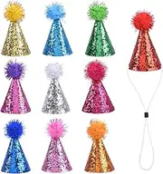 10 Pack Multi-Color Adjustable Pet Birthday Hats with Glitter and Pom-Poms, Cute Cat, Dog, Rabbit Party Hats for Birthdays, Photos, Stuffed Animals