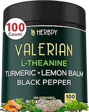Herbpy 5in1 Valerian Root Capsules Plus L-Theanine, Lemon Balm, Turmeric and Black Pepper for Relaxation, Restful Night, Digestion & Immune Support - 100 Count