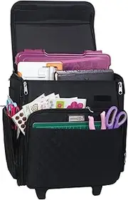 [Everything Mary] Rolling Craft Bag, Black Quilted - Papercraft Tote with Wheels for Scrapbook & Art Storage - Organizer Case for IRIS Boxes, Supplies, and Accessories - for Teachers & Medical