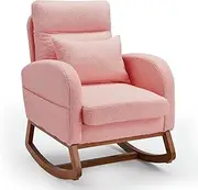 Rocking Chair Nursery Teddy, Upholstered Baby Fluffy Glider Rocker Armchair for Adults, Comfy Reading Chair with Soft Blanket,Side Pockets Indoor,Bedroom, Cute Pink