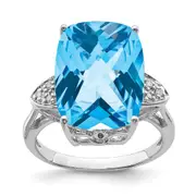 Sterling Silver Rhodium Checker-Cut Blue Topaz u0026 Natural Diamond Gemstone Birthstone Ring Fine Jewelry Gift for Her