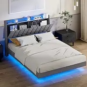 Ufurniture Floating Bed Frame with LED Lights and Storage Headboard, Queen Size Upholstered Platform Bed with Hidden Storage, No Box Spring Needed, Dark Grey