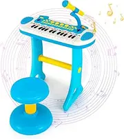 HONEY JOY 31-Key Electronic Keyboard Piano w/Stool, Adjustable Microphone, Record Playback Functions, Light Effects, Detachable Design, Portable Electronic Musical Toy for Toddlers Age 3+ (Blue)