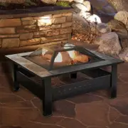 32" Square Tile Fire Pit Outdoor Patio Garden Backyard with Screen Cover Poker