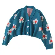 Womens Flower Cardigan V Neck Button Down Open Front Sweater-DarkBlue