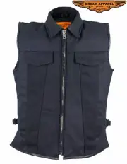 Men's Motorcycle Canvas Vest Single Panel w/ Fold-Down Collar & Multiple Pockets