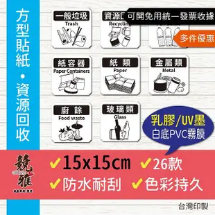 【競雅】5天出貨- 15x15cm戶外耐候 垃圾分類貼紙 垃圾桶貼紙 資源回收 貼紙 垃圾筒 廚餘 一般垃圾 寶特瓶