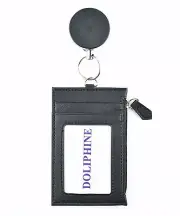 Black 2 in 1 Retractable Reel and Deluxe zipper Leather Vertical ID Badge Holder