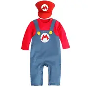 Super Mario Bros Baby Cosplay Crawling Suit Romper Jumpsuit Mario Luigi Cosplay Costume Hat Set Red 9-18M